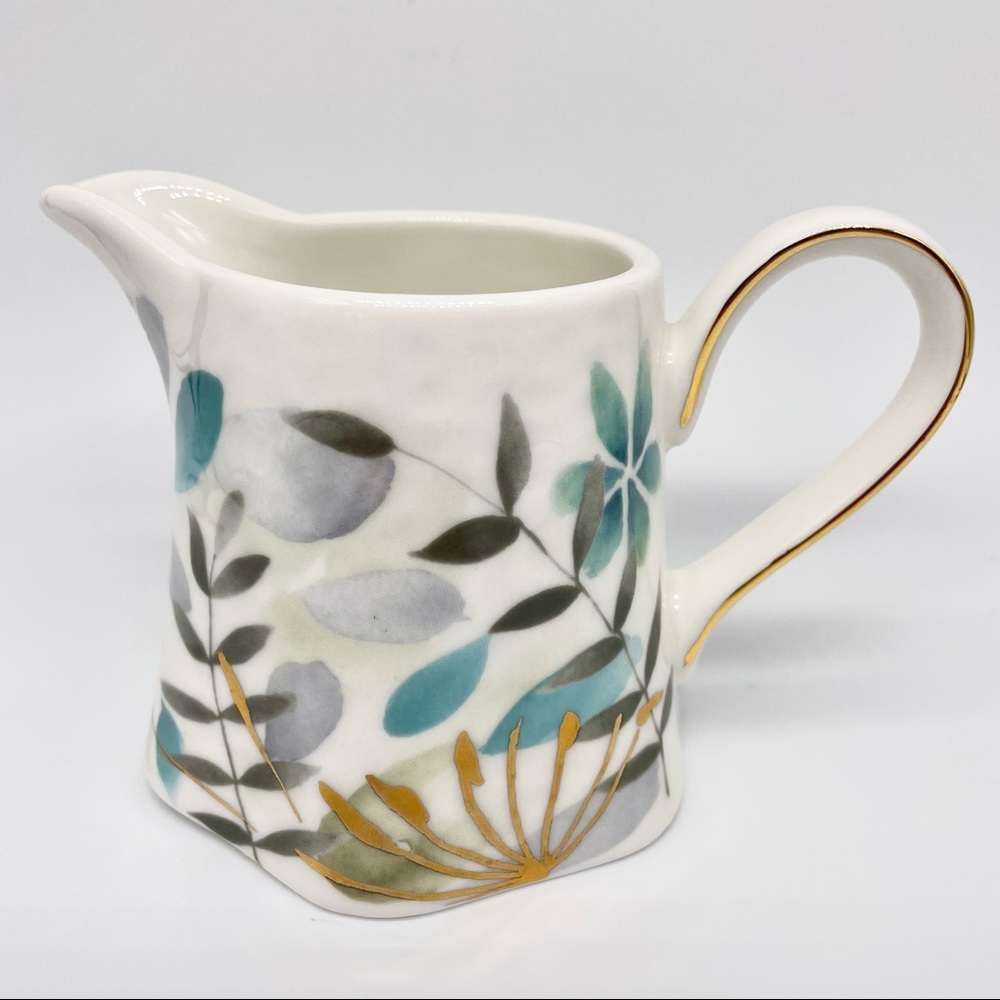 Grace's Teaware Fine Ceramic Creamer Teal Gray Gold White Floral